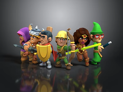 Group Of Colorful Cartoon Warrior Characters Holding Swords Bows And Staffs 3d model