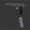 Silver Pistol Featuring Wooden Textured Grip And Magazine With Bullets On Gray Background