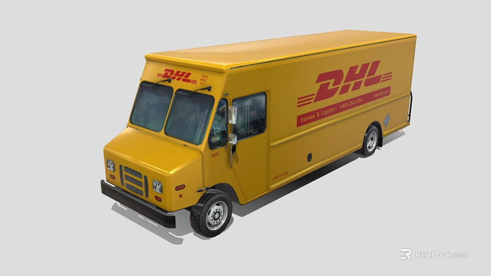 DHL Yellow Delivery Van With Express Worldwide Logo And Text On Side 3d model