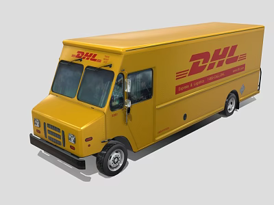 DHL Yellow Delivery Van With Express Worldwide Logo And Text On Side 3d model
