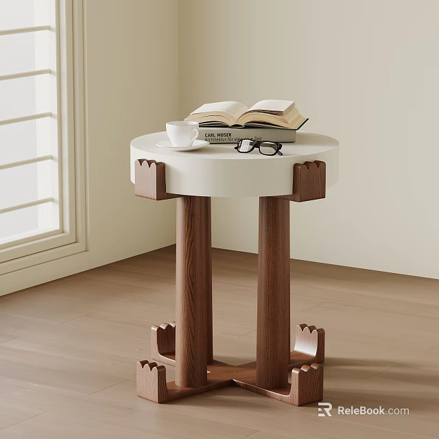 Modern Bedside Table With White Top Wooden Legs Open Book Cup And Glasses 3d model 