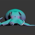 Cute Blue Purple Octopus with Big Eyes and Pink Cheeks on Dark Reflective Background