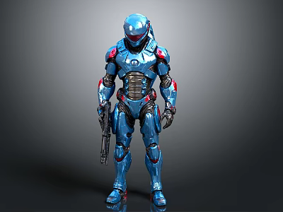Sci Fi Robot Character In Blue Mech Suit With Red Accents And Weapon 3d model