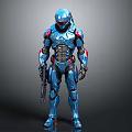 Sci Fi Robot Character In Blue Mech Suit With Red Accents And Weapon