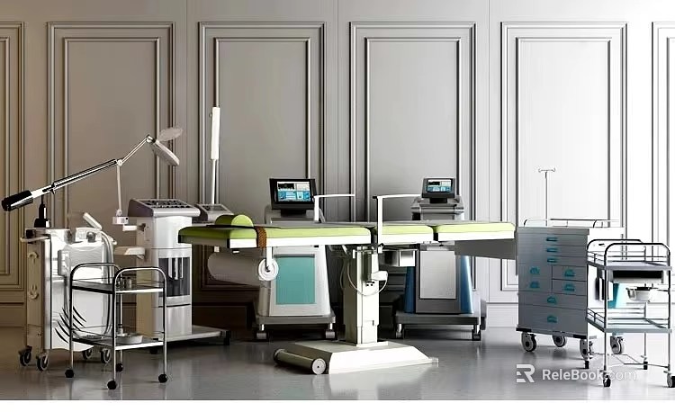 Modern Medical Devices Including Surgical Table Monitors And Mobile Carts In Clinical Environment 3d model 