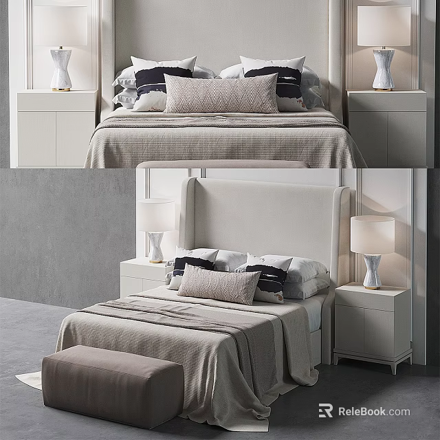 Modern Double Bed With Upholstered Headboard Bedside Tables Table Lamps And Pillows In Neutral Tones 3d model 