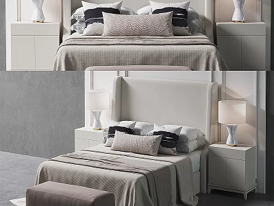 Modern Double Bed With Upholstered Headboard Bedside Tables Table Lamps And Pillows In Neutral Tones 3d model