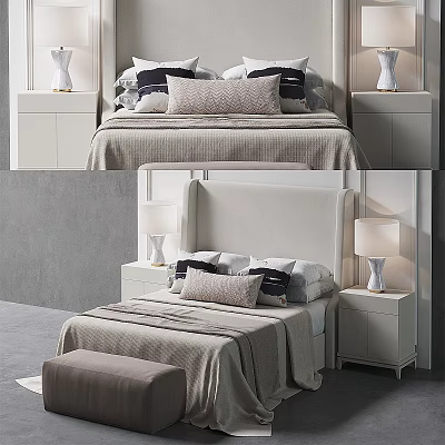 Modern Double Bed With Upholstered Headboard Bedside Tables Table Lamps And Pillows In Neutral Tones 3d model