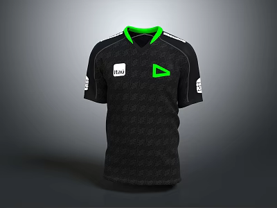 Black T-shirt Featuring Green Collar Green Triangular Logo White Brand Logo And Text On Sleeves 3d model