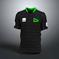 Black T-shirt Featuring Green Collar Green Triangular Logo White Brand Logo And Text On Sleeves