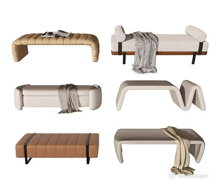 Upholstered Sofa Bench With Various Designs Beige Brown Tones Blanket Decor And Metal Legs 3d model 
