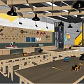 School Craft Workshop Classroom With Wooden Tables Chairs Wall Tools And Pendant Lights