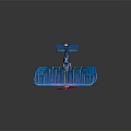 Blue Biplane Model with Red Cockpit and Orange Struts on Dark Background with Reflection