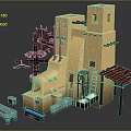 Traditional Earth Toned Building With Tower Large Water Wheel Red Roof And Stone Features