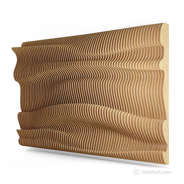 Elegant Wooden Bed Background Wall With Wavy Texture And Layered Design 3d model