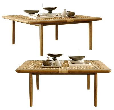 Minimalist Wooden Coffee Table With Tea Set And Decorative Items In Living Room 3d model