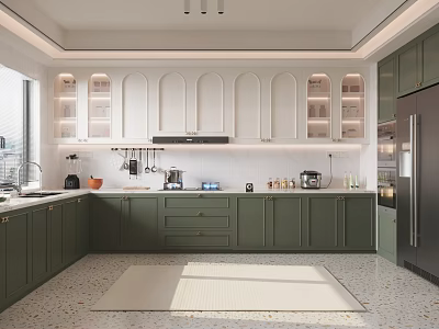 Modern Kitchen Interior With Green And White Cabinetry Marble Countertop Appliances And Natural Light 3d model