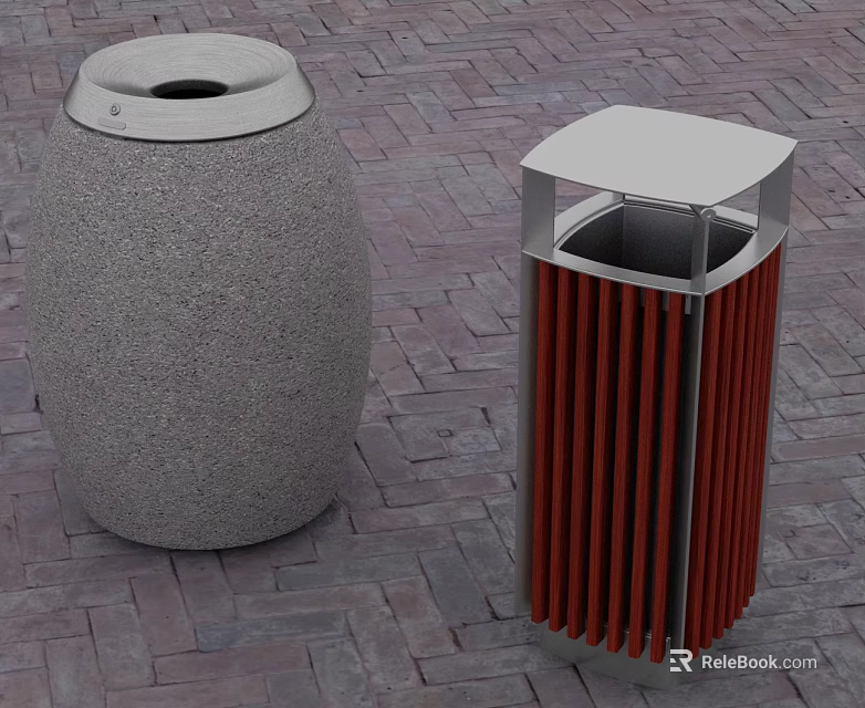 Outdoor Trash Bins Featuring Stone And Metal Red Striped Design On Brick Pavement 3d model 