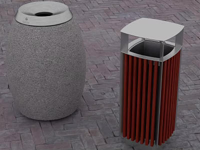 Outdoor Trash Bins Featuring Stone And Metal Red Striped Design On Brick Pavement 3d model