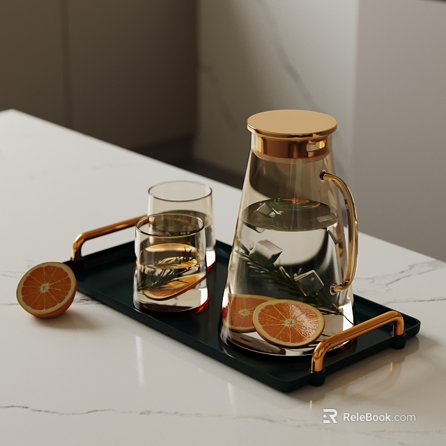 Glass Tea Set with Golden Lid Black Tray Orange Slices and Rosemary 3d model 