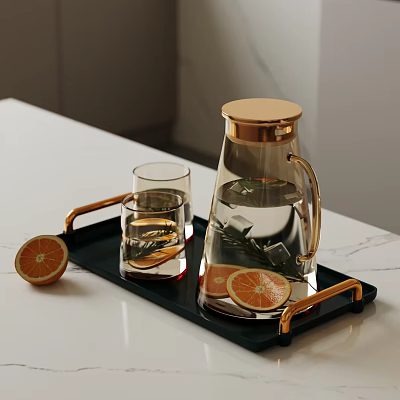 Glass Tea Set with Golden Lid Black Tray Orange Slices and Rosemary 3d model