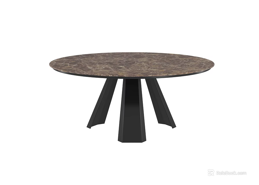 Round Modern Dining Table With Brown Marble Tabletop And Black Legs 3d model 