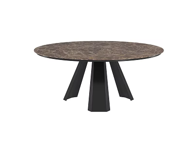 Round Modern Dining Table With Brown Marble Tabletop And Black Legs 3d model