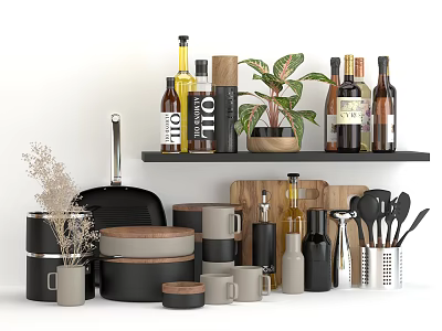 Elegant Modern Tableware Set With Black Gray Plates Cups On Wooden Shelf And Potted Plant 3d model