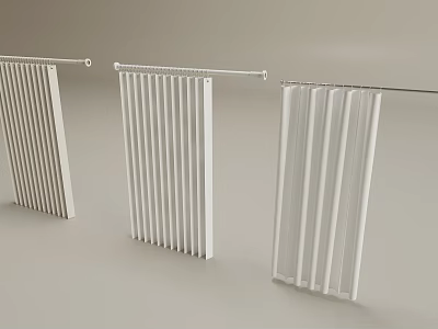 Three White Blinds with Different Slat Arrangements Mounted on Rods Against Light Gray Background 3d model
