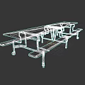Light Colored Rectangular Dining Table With Benches Metal Frame And Black Wheels 3d model