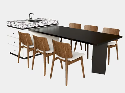 Modern Dining Table Set with Black Tabletop Six Wooden Chairs and White Cushioned Seats 3d model