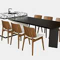 Modern Dining Table Set with Black Tabletop Six Wooden Chairs and White Cushioned Seats