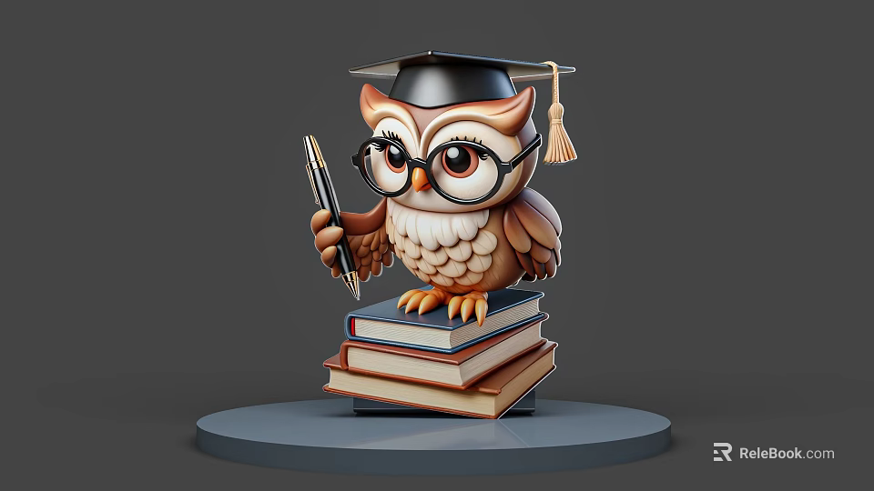 Cute Owl Wearing Graduation Cap With Glasses Holding Pen On Stack Of Books 3d model 