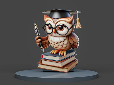 Cute Owl Wearing Graduation Cap With Glasses Holding Pen On Stack Of Books 3d model