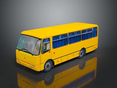 Yellow City Bus Exterior Featuring Blue Windows on Reflective Shiny Surface 3d model