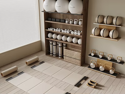Well Organized Fitness Corner With Exercise Balls Kettlebells Yoga Mats On Shelves And Wooden Floor 3d model