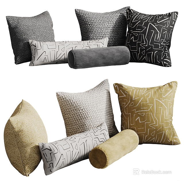 Multiple Decorative Throw Pillows Featuring Geometric Abstract Patterns And Neutral Color Tones 3d model 