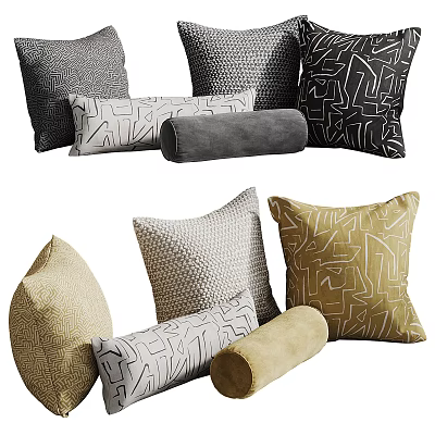 Multiple Decorative Throw Pillows Featuring Geometric Abstract Patterns And Neutral Color Tones 3d model
