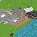 Modern Lakeside Guesthouse Building With Wooden Exterior Terrace And Water Reflection