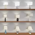 Various Table Lamps Featuring Different Designs Placed On Wooden Shelves 3d model