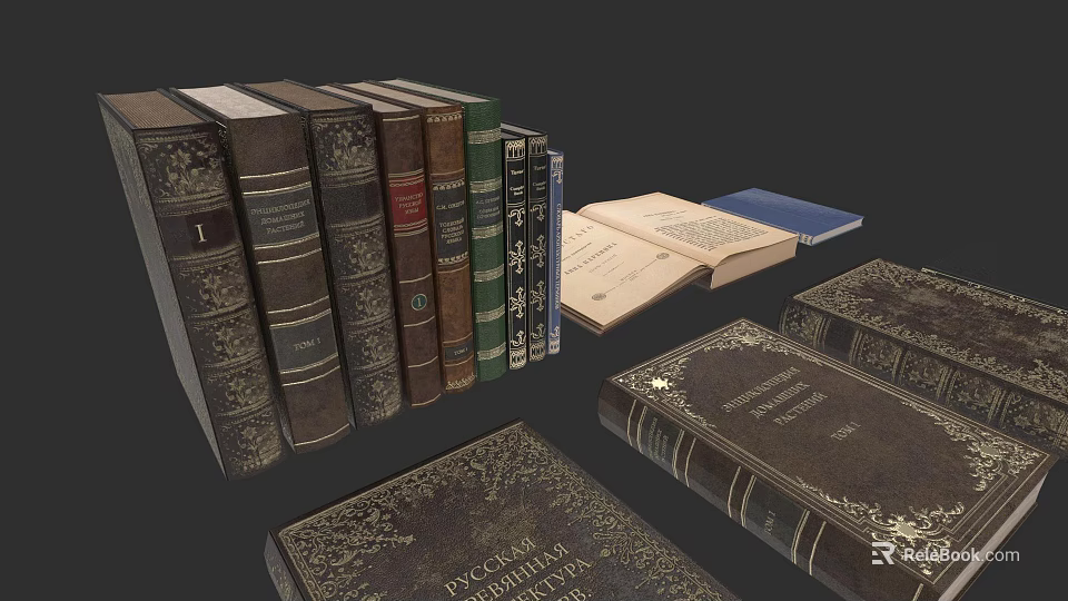 Vintage Hardcover Books with Decorative Spines and Gold Embossed Details and Open Classic Literature Volume 3d model 