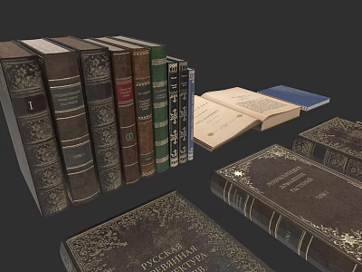 Vintage Hardcover Books with Decorative Spines and Gold Embossed Details and Open Classic Literature Volume 3d model