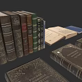 Vintage Hardcover Books with Decorative Spines and Gold Embossed Details and Open Classic Literature Volume