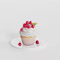 Delicious Cupcake With White Frosting Red Berries And Green Leaf On White Plate