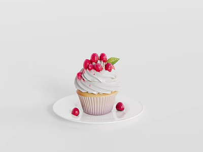Delicious Cupcake With White Frosting Red Berries And Green Leaf On White Plate 3d model