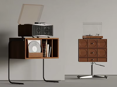 Vintage Wooden Furniture Featuring Record Player Drawer Cabinet Metal Legs Wheels Records Books 3d model