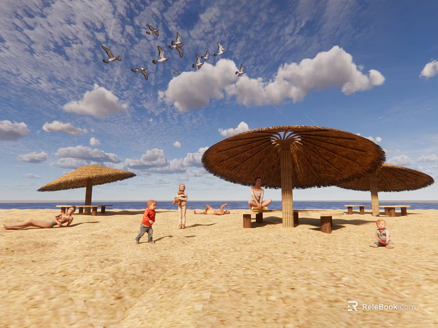 Outdoor Chairs On Beach With Straw Umbrellas Blue Sky And Seagulls 3d model 