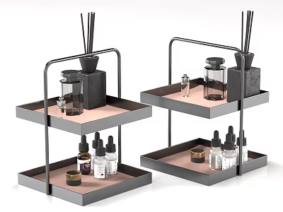 Decorative Double Tier Metal Tray Stands With Fragrance Bottles And Reed Diffusers 3d model