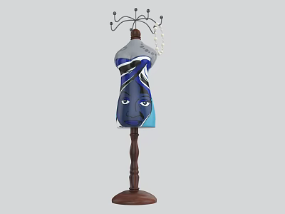 Mannequin Shaped Clothes Hanger With Blue Garment Face Pattern Top Hooks And Wooden Base 3d model