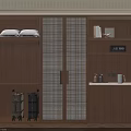 Modern Wooden Wardrobe With Sliding Checkered Doors Open Shelves And Storage Compartments